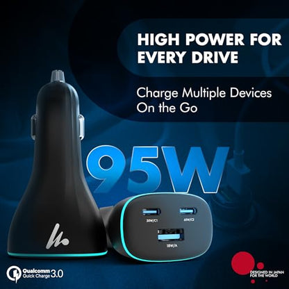 PD 95W Superfast Charging 2.0 Wozoyo Car Charger, with 2XType C & USB-A, PPS & QC 3.0, Triple Port (65W + 30W + 18W), 12V–24V Compatible, Multi-Layer Protection, 2-Years Manufacturer Warranty