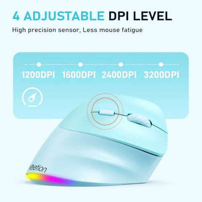 MEETION Ergonomic Wireless Vertical Mouse, Rechargeable, Blue | Bluetooth 5.2 + 3.0 and USB connectivity, RGB backlight, 4 DPI adjustment, compatible with Windows, Mac, Android, PC and iPad - color: Right Blue