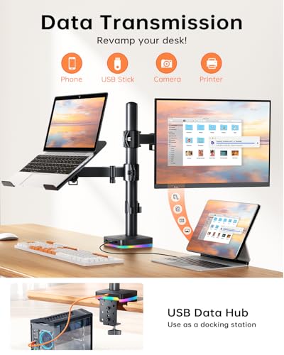 RGB Monitor and Laptop Mount Stand with 3 USB Ports, Charging and USB Data Transfer, Adjustable laptop stand for 13" to 32" Screen and 11"-17” Laptop, Holds 18lbs/Arm, 75x75/100x100 VESA, C-Clamp