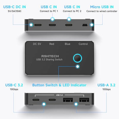 RSHTECH USB 3.2/USB C Switch 10Gbps 2 Computers Share 4 Devices, RSH-A201C | USB Switcher Selector with USB 3.2 Ports(2 USB-A+2 USB-C), 2 Cables and Controller for PC Laptop, No Video Output or Charging