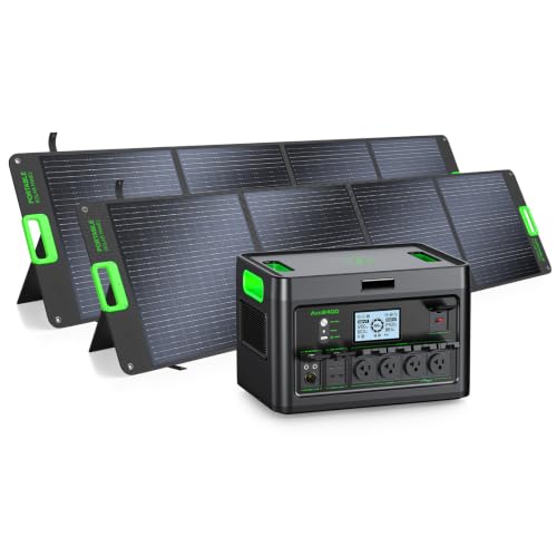 2400W Portable Power Station with 2x200W Solar Panel for Home Use Emergency | 1843.2Wh Solar Generator LiFePO4 Battery 2Hrs Fast Charging, 4 Pure Sine Wave AC Outlets for Outdoor, Off-Grid Living, RV - color: Black
