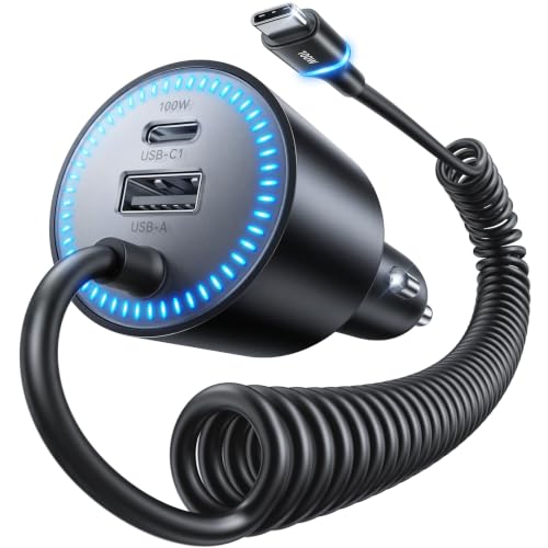 Rocoren 200W USB‑C Fast Car Charger, 5.2Ft Coiled Cable for Laptops & Phone | Super Fast Charging Travel Essentials for iPhone 17/16/15 Pro Max, MacBook Pro Air, Samsung S26/S25, iPad Pro