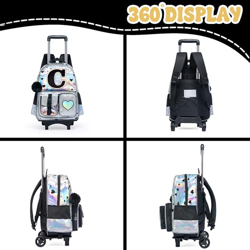 HTgroce Cute Rolling Backpack with Wheel,School Backpack for Kids Girl Roller Schoolbag Wheeled Backpacks Set Carry-on Luggage,Initial C - color: Silver, style: C