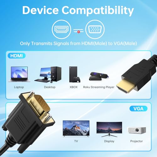 HDMI to VGA Cable 6FT, Gold-Plated 1080P@60Hz Uni-Directional HDMI Source to VGA Display Cable (Male to Male) Compatible for Computer, Desktop, Laptop, PC, Monitor, Projector, HDTV, Roku, Xbox, PS5
