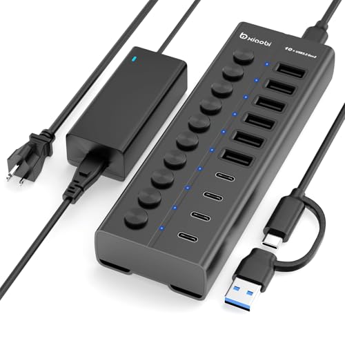 Powered USB Hub, 10-Port USB C Hub with 6 USB-A 3.2, 4 USB-C 3.2 Ports, Individual Switches and 12V/5A Power Adapter, Aluminum USB Extension for MacBook, Laptop/PC and More(Black) - color: Black