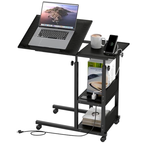 Hadulcet Adjustable C Table with Charging Station, Tiltable Desk C Shaped End Table for Couch, Over Bed Stand with Wheels Adjustable Height, Hospital Table Laptop Stand Drawing Desk, Black - color: Black, style: Upgrade