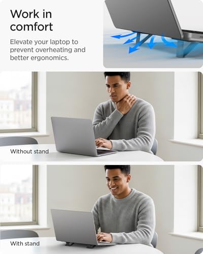 Spigen Slim Fold Adhesive Laptop Stand 2 Piece Foldable Portable Dual Ergonomic Angle Adjustment Lift Anti-Slip Compatible with MacBook Pro, MacBook Air 11"-16" and More - Black (LD201-S2) | Dual Ergonomic Angle Adjustment Lift Anti-Slip for MacBook Pro,