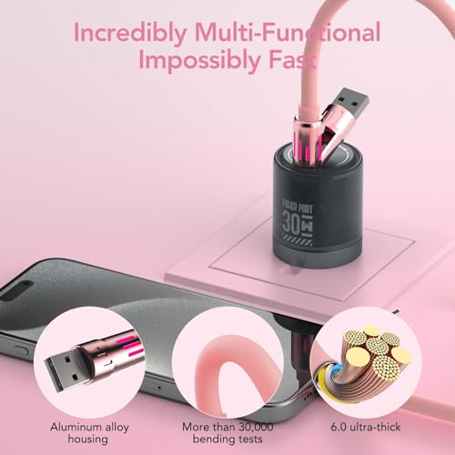 MFish 240W 4-in-1 Charging Cable with Carrying Case, 6.6FT Fast Charger USB-A & USB-C to USB-C/Lightning, for iPhone 17/16/15/14, MacBook, iPad, Samsung S25/S24 (Pink, 6.6Ft) - color: Pink, size: 6.6Ft