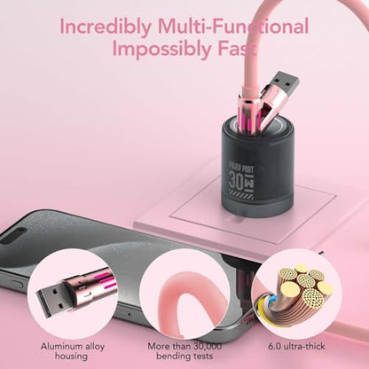 MFish 240W 4-in-1 Charging Cable with Carrying Case, 6.6FT Fast Charger USB-A & USB-C to USB-C/Lightning, for iPhone 17/16/15/14, MacBook, iPad, Samsung S25/S24 (Pink, 6.6Ft) - color: Pink, size: 6.6Ft