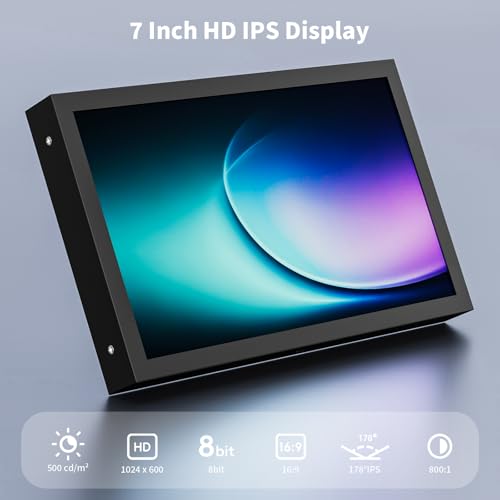 7 Inch Mini Monitor HDMI, Portable Vga Monitor with AV BNC 1024×600 LCD Screen with Built-in Speakers, 178° View Angle IPS, Multi-Function Mini Small Display for Raspberry Pi PC/TV/DVD/CVBS