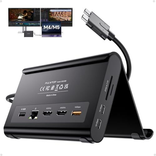 MacBook Docking Station Dual Monitor 4K@60Hz for MacBook Pro/Air M4/M5 | PULWTOP Macbook Pro Stand USB C Dock with 2 HDMI, Gigabit Ethernet, 3 USB 10Gbps, SD/TF, Audio, PD for Home & office, Black