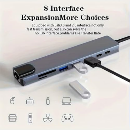USB-C Hub, 8-in-1 Multiport Adapter with HDTV, USB 3.0, RJ45 Ethernet, SD Card Reader, and USB-C Charging Port