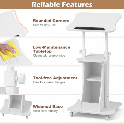 Tangkula Mobile Lectern Podium Set of 2, Height Adjustable Podium Stand, Standing Sit-to-Stand Desk, Rolling Cart Laptop Desk with Swivel Top Movable Wheels & Storage - color: White, size: 20" x 16" x 44"