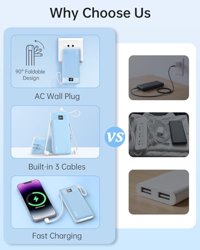 Portable Charger 10000mAh Power Bank w/Built-in 3 Cables & AC Wall Plug | 22.5W Fast Charging, Pass Through Charging, 0.68in Ultra Slim, TSA Approved, Travel Essential for iPhone/Samsung/iPad, Blue - color: Blue