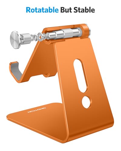 OMOTON Adjustable Cell Phone Stand, Aluminum Desktop Cellphone Stand with Anti-Slip Base and Convenient Charging Port, Fits All Smart Phones, Orange | Sturdy 3mm Aluminum, Charging Port, 270° Adjustable, Non-Slip Silicone Pads, Works with Thick Cases, for