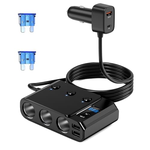 Tendak 9 in 1 Cigarette Lighter Adapter, 150W Cigarette Lighter Splitter with PD 30W/QC3.0, 3 USB Ports (Type-C+2 USB-A), Independent Switches, LED Voltage Display, Plug Outlet 12V/24V(3.3ft Cable)