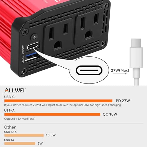 ALLWEI 300W Power Inverter 12V DC to 110V AC Car Inverter with 27W PD USB-C &18W USB-A Fast Charging, Car Charger Cigarette Lighter Adapter for Phone, Laptop and Small Devices on Road Trip-Red - color: PD27W-Red