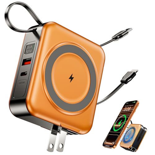 for Magsafe Portable Charger with Built-in Cables and AC Wall Plug, 10000mAh Magnetic Wireless Power Bank 22.5W Type-C in & Out Fast Charging Battery Pack for iPhone 17/16/15/14/13/12 Series, Orange - color: Orange