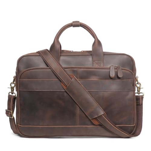 Leather Briefcase for Men 17Inch Laptop Messenger Bags Business Travel Handcrafted Laptop Bag with YKK Zipper Gift - color: Dark Brown