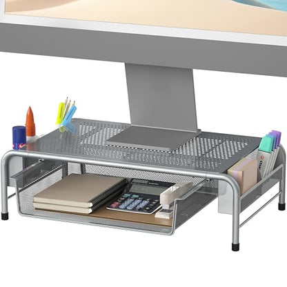 Simple Houseware Metal Desk Monitor Stand Riser with Organizer Drawer, Silver - color: Silver
