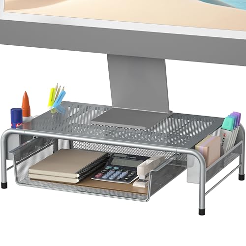 Simple Houseware Metal Desk Monitor Stand Riser with Organizer Drawer, Silver - color: Silver