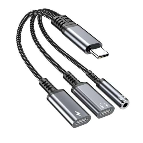 Criello USB-C to 3.5mm Headphone and Charger Adapter | 3 in 1 Dual Type C Splitter Charger Headphone Jack Dongle Compatible for iPhone 15/16/17 Pro/Max/Plus, iPad, Samsung (Grey) - color: Grey