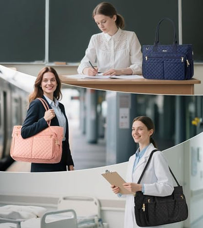 Bagstellar Teacher Tote Bag for Women, 15.6" Laptop Work Tote Computer Bag | Quilted Bible Nurse Bag with 40oz Cup Holder, Insulated Pocket & Strap, Large Laptop Briefcase for School Travel Office Gifts - color: Navy Blue