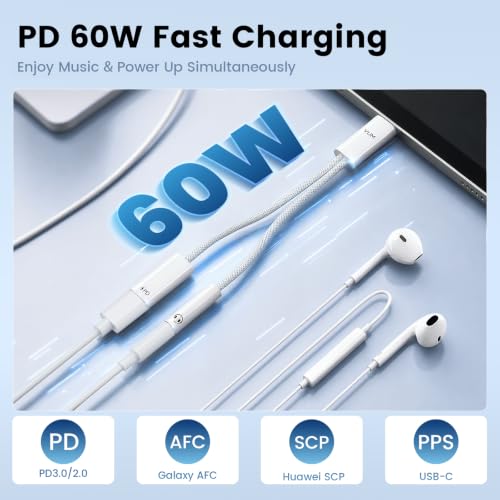 VUM 3-in-1 USB-C to 3.5mm Headphone Jack with PD 60W Charging Audio Adapter | 32-bit/384kHz Hi-Res DAC,60W PD Fast Charger, TRRS HD Mic Input, USBC to Aux HiFi Adapter Splitter, Silver-Plated OFC Cable