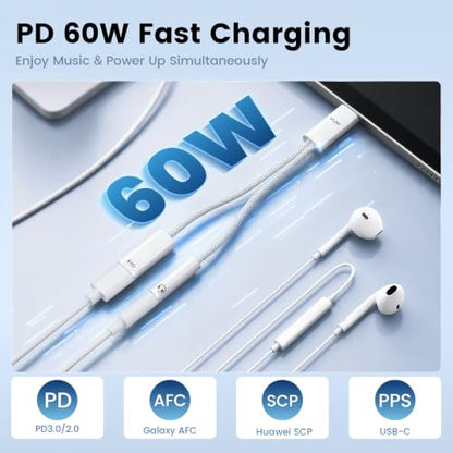 VUM 3-in-1 USB-C to 3.5mm Headphone Jack with PD 60W Charging Audio Adapter | 32-bit/384kHz Hi-Res DAC,60W PD Fast Charger, TRRS HD Mic Input, USBC to Aux HiFi Adapter Splitter, Silver-Plated OFC Cable