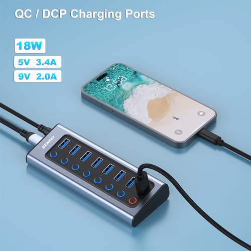 BENFEI 8-Port USB Hub with Power Adapter, USB Splitter Hub(7 Faster Data Transfer Ports + 1 Smart Charging Port) with Individual LED On/Off Switches