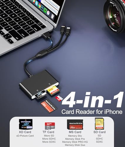 Memory Stick Pro Duo Reader - 4-in-1 Multi Memory Card Reader with Triple Lightning/USB-C/USB-A for SD/Micro SD/MS/xD-Picture Card, Sony Cybershot Memory Stick Pro Duo Adapter for iPhone Android PC