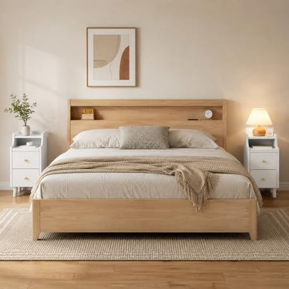 POWERSTONE Narrow Nightstand with 2 Drawers Set of 2, Solid Wood Bedside Table with Pull Out Tray & Cable Hole & Slots, Slim End Side Table for Small Spaces Bedroom, Living Room, White - color: White