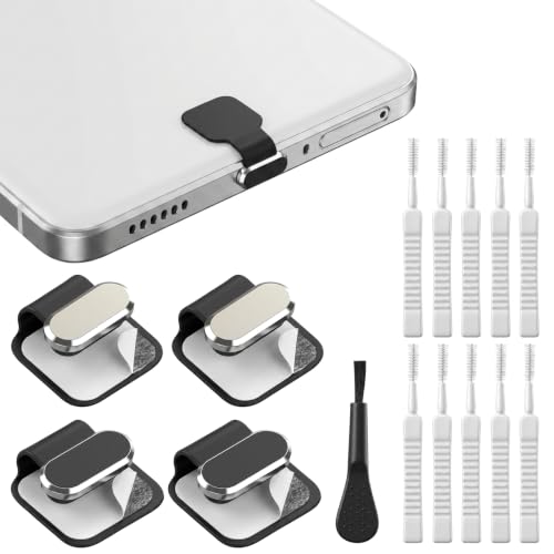 4 Pack USB Type C Anti-Dust Plugs Cover, Anti-Lost Aluminum Alloy Charging Port Covers Protectors with 11 Pcs Cleaning Brush for Phone Tablets