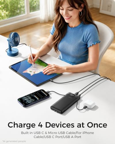 VEGER Portable Charger with Built-in AC Plug and Cables, All in One 10000mAh Ultra Slim Power Bank Travel Essentials, USB C External Battery Pack Compatible with iPhone, Samsung, Android, Black - color: A Black