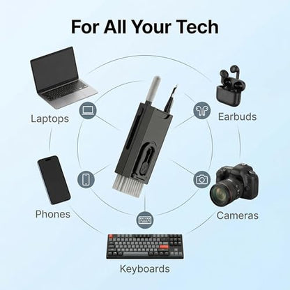 8-in-1 Electronics Cleaning Kit, Multifunctional Earphone Cleaning Pen with Soft Brush and Flocking Sponge for Wireless Earbuds Keyboard and Phone, Black, 1 Pack - color: Black
