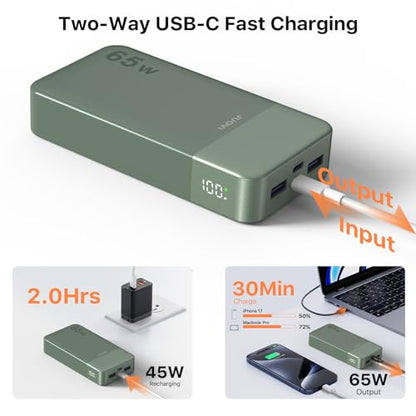 JUOVI Power Bank 65W 20000mAh Laptop Portable Charger | Fast Charging with 4 Ports LED Display External Battery Pack for MacBook Air iPad Tablet iPhone Samsung Steam Deck etc - color: Green