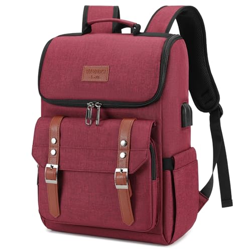 YALUNDISI Vintage Backpack Travel Laptop Backpack with usb Charging Port for Women & Men College Backpack Fits 15.6 Inch Laptop Red Brown - color: Red&brown