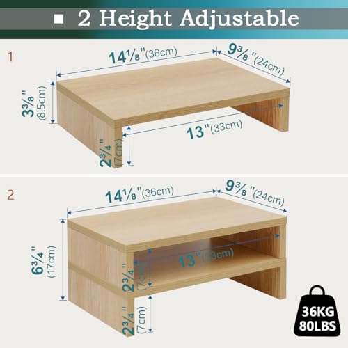 TEAMIX Wood Monitor Stand Riser - 2 Pack Adjustable Dual Monitor Riser for Laptop/PC - color: Maple