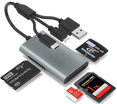 Memory Stick Pro Duo Adapter - 4 in 1 Memory Card Reader for SD/Micro SD/MS/xD-Picture-Card, SD Card Reader for iPhone 17/16/15/14/Android/PC with Lightning/USB-C/USB-A Port Digital Camera Adapter