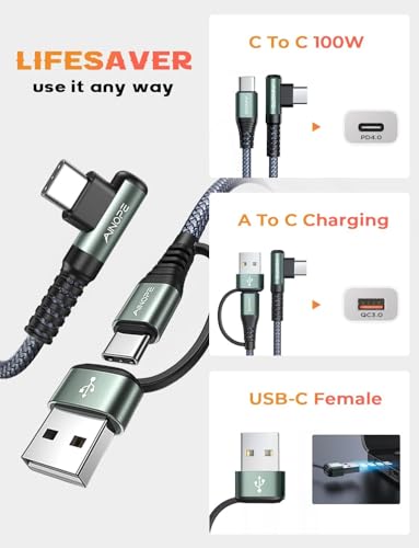AINOPE 10 FT USB C Cable Fast Charging, 240W USB-C Charge Cable with Adapter, Fast Charger USB C Cable Supports 100W, Right Angle USB C Fit MacBook Pro/Air, iPad Pro/Air, iPhone 17/16/15, 10FT Grey | Fast Charger USB C Cable Supports 100W, Right Angle USB