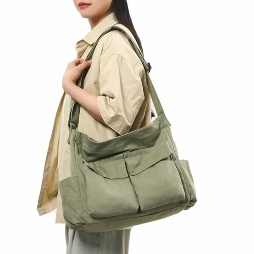 Cute Canvas Tote Bag for School/Work/Travel, Large Crossbody Messenger Bag Laptop Shoulder Bag - color: Asparagus Green