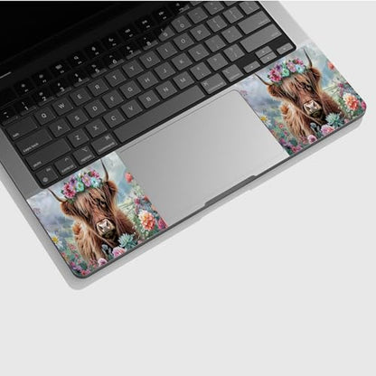 Universal Laptop Skin Sticker with 2 Wrist Pad Skins, Waterproof Scratch Resistant Vinyl Laptop Cover Decal, Cut to Fit for 11–15.6 Inch MacBook HP Dell Lenovo, Flowers Highland Cattle - color: Flowers Highland Cattle