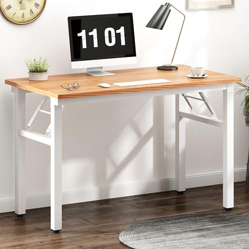 Need Small Folding Computer Desk, 39.4 Inch Writing Table, Teak & White | No-Assembly, Sturdy Foldable Desk for Home Office, Bedroom, Dorm Room, Student Study, Collapsible, Compact, Easy Storage - color: Teak & White, size: 39.4 inches