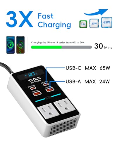 YSOLX 300W 12V to 110V Car Power Inverter | 65W USB-C,4 USB Post,Dual AC Car Plug Adapter Outlet,LED display.Suitable for Car Trips, Camping,Laptop - color: white