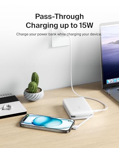 Belkin 10000mAh 20W USB C Power Bank, Portable Charger for iPhone & iPad | Fast Charging, Integrated USB C Cable, Eatra USB C Port, iPhone 17, iPad, Samsung Galaxy S26, Charge 2 Devices - color: White, style: 10K mAh