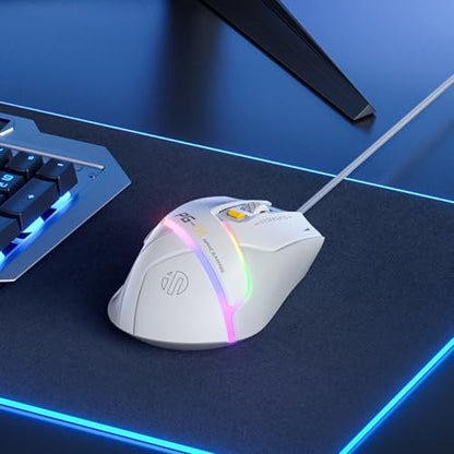 INPHIC PG1 Wired Computer Gaming Mouse Ergonomic, 12800 DPI High-Precision, 6 Programmable Buttons, RGB Backlit for Gaming - White Gray - color: White