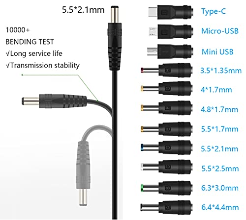 12V Car Charger(Max 10A) + 5V DC Power Cable,with 11 Connectors for DVD Player,Camera,GPS,Bluetooth Speakers,Shaver Fans
