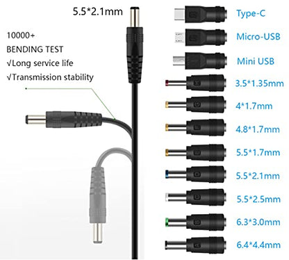 12V Car Charger(Max 10A) + 5V DC Power Cable,with 11 Connectors for DVD Player,Camera,GPS,Bluetooth Speakers,Shaver Fans