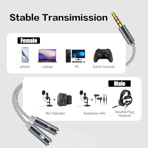 YACSEJAO Headphone and Mic Splitter 2Pack 3.5 mm y Splitter 1/8 Inch 1 Male to 2 Female Headphone Microphone Audio Braided Adapter（Grey + Black）