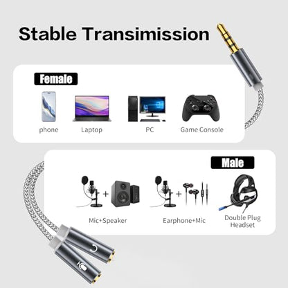 YACSEJAO Headphone and Mic Splitter 2Pack 3.5 mm y Splitter 1/8 Inch 1 Male to 2 Female Headphone Microphone Audio Braided Adapter（Grey + Black）